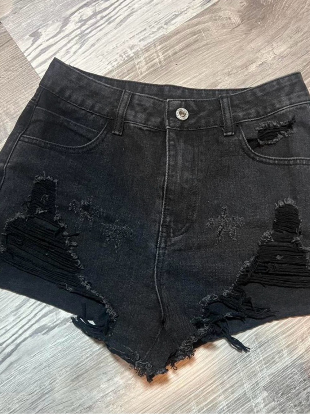 Cider Black Distressed High-Rise Denim Cutoff Shorts